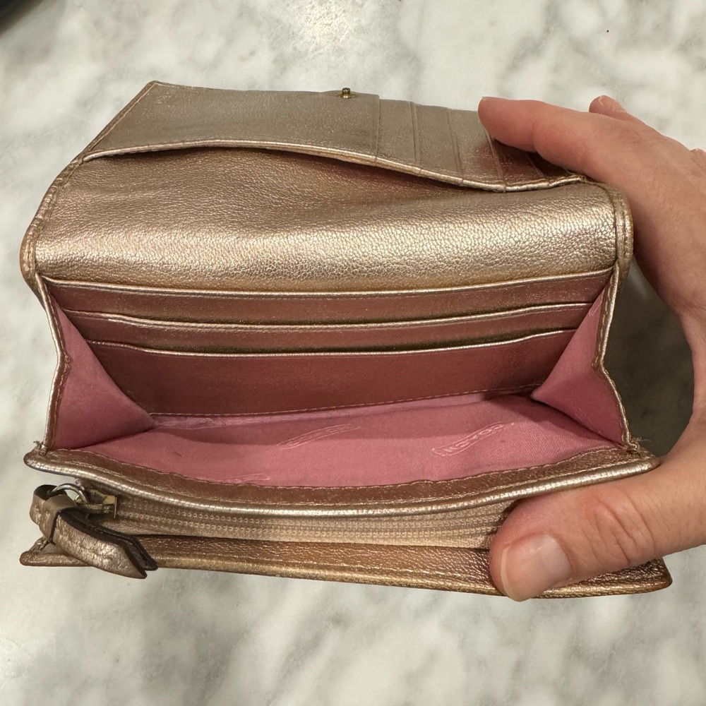 Coach Wallet Rose Pink Leather Brown Fabric zipper Snap - Picture 2 of 9